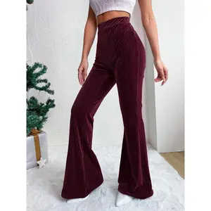 A pair of high-waisted, solid-color corduroy flared pants for women, which are slimming, casual, and versatile.