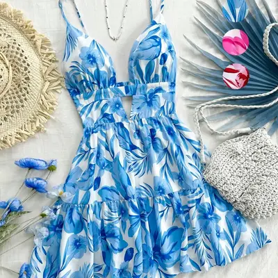 cute beach dresses Olivaceous Under The Sun Rust Retro Print Halter Mini Dress - Size L - Brown - Boho - - Summer - Vacation - Resort Regular Fit Beach Cute Summer Short Dresses