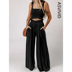 Women's Solid Frill Trim Pants Two Piece Set, Casual Shirred Crop Tank Top & Paper Bag Waist Wide Leg Pants Set for Summer, Back To School Matching Sets Going Out Clothes for Daily Wear