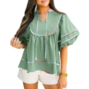 Cicy Bell Womens Summer Babydoll Tops V Neck Short Lantern Sleeve Shirts Cute Loose Fit Peplum Flowy Blouses Shortsleeve Spring