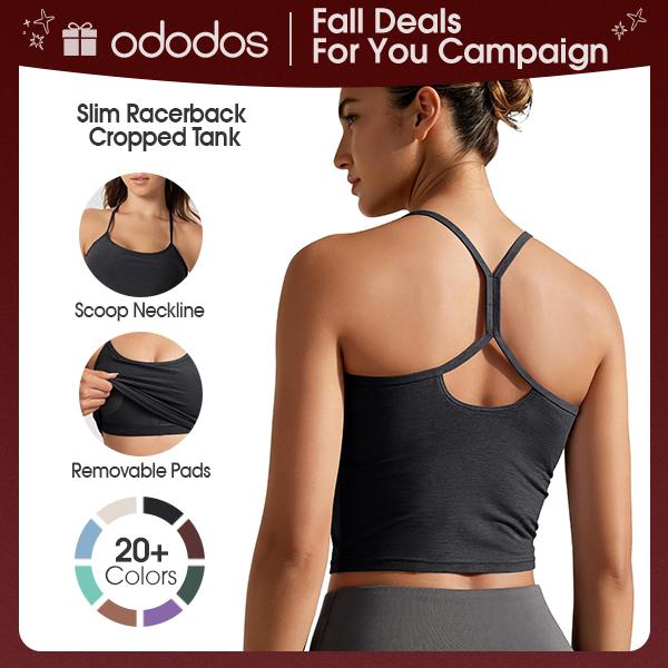 ODODOS Women's Racerback Cropped Tank Top - odSTRATUM Tech UPF 50+ Quick-Dry Jersey Cami with Built-In Removable-Pad Shelf Bra, Breathable 4-Way Stretch Athletic Activewear for Summer