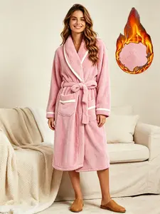 Women's Winter Thick Flannel Robe, Colorblock Trimmed Lapel Tie Waist Long Home Bathrobe, Morning Gown with Side Pockets