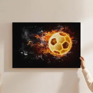 International Athlete Poster Soccer Football on Fire Flames Sport Large CANVAS Art Print Gift