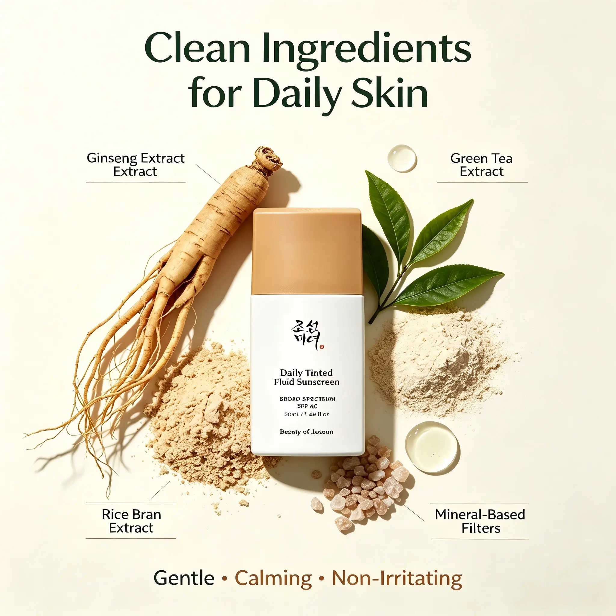 Daily Tinted Fluid Sunscreen SPF40, Mineral Based Tinted Moisturizer Sunscreen, Natural Light Coverage Skin Barrier Protection, No White Cast, Oil‑Control Makeup Primer, Korean Skincare For Daily Outdoor