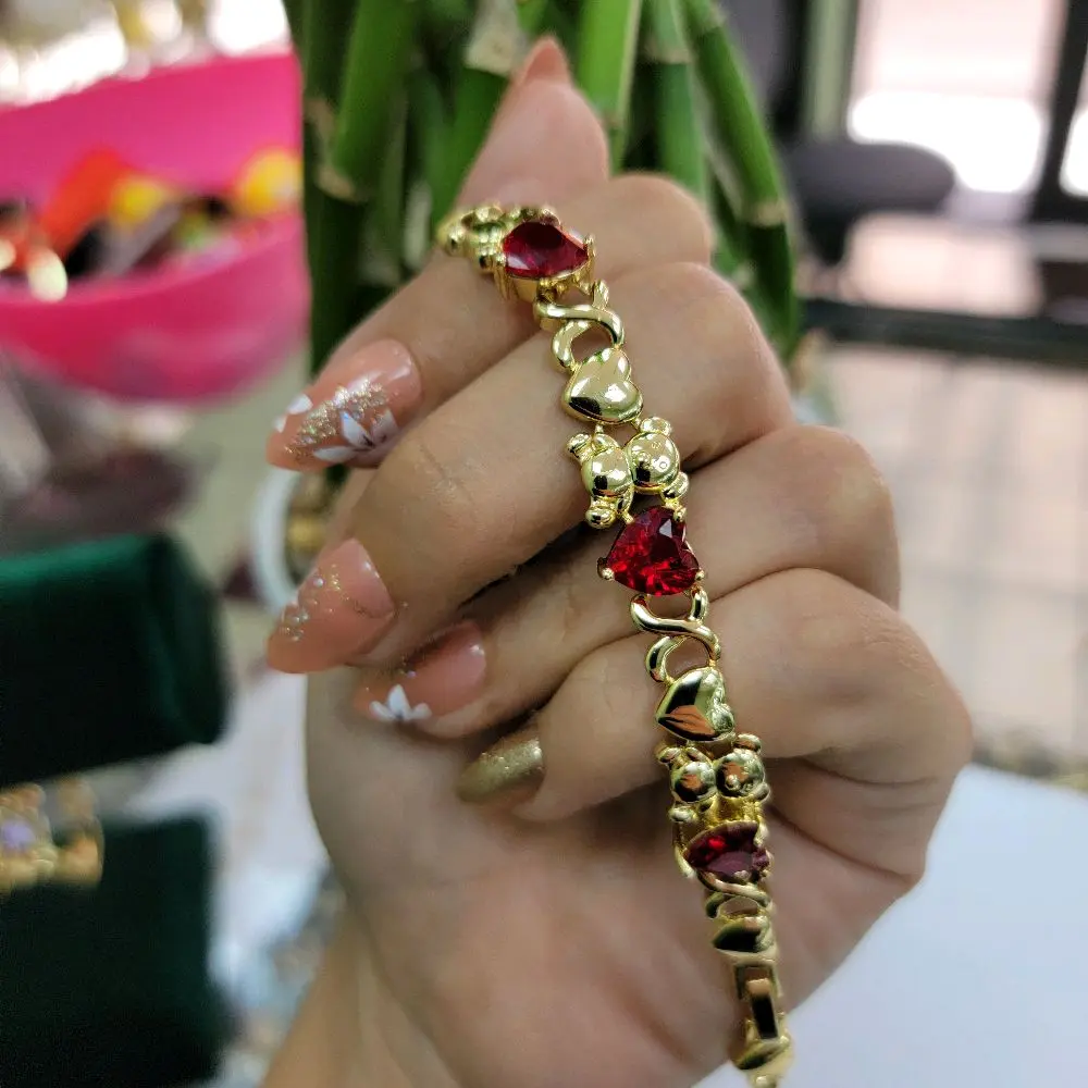 Oro Laminado 14k Pulsera Osito Corazon Rojo 7 Pulgadas Gold Plated High Quality Teddy Bear Bracelete 7 inches
