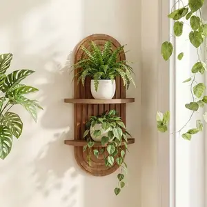 Plant Shelf Mid-Century Modern 1- 2-Tier 15in Brown Wood Floating Shelves Wall Planter Holder & Boho Decor Hanging