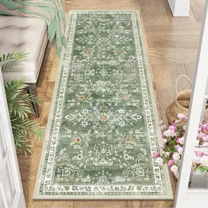 Washable Runner Rug 2x6 - Non Slip Boho Floral Hallway Runner Rug with Rubber Backing, Low Pile Faux  Distressed Carpet for Kitchen, Laundry, Bedroom, Entrance, Mottled Green