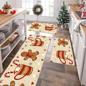 Jit Christmas Gingerbread Man Rug Set, 2/3pcs Kitchen Carpet Decor Gift, Non-Slip Washable Soft Mat for Kitchen Laundry Hallway