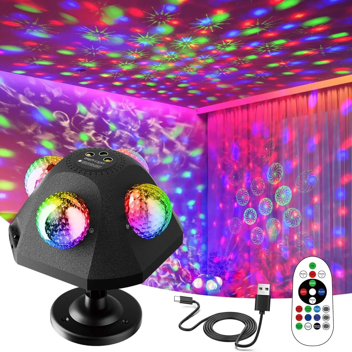 5-in-1 Disco Novelty Lighting Kit - 4 RGB Units, Red-Green Pattern Strobe, Laser Beam - Party Lights, Indoor Home Lighting for Birthdays, Club Decorations, Gifts