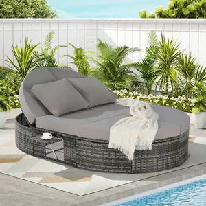 Outdoor Patio Round Daybed, Sun Bed with Adjustable Backrests and Foldable Cup Trays, Reclining Outdoor Lounger Wicker Rattan Patio Daybed with Cushions and Pillows for Backyard Poolside