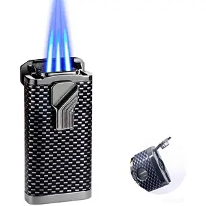 Refillable Butane Lighter with Triple Jet & Hidden - Windproof, Sleek Carbon Fiber, Reusable Lighter for Candles, BBQ, Camping etc(Gas not Included)