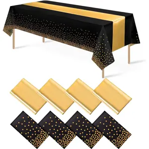 8Pack Disposable Plastic Tablecloths and Satin Table Runner Set Black  Dot Table Cloth  Satin Table Runner for Graduation Wedding Birthday  Shower Anniversary Holiday Party Decorations