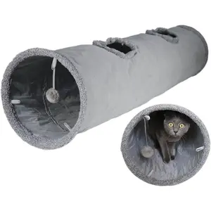 Cat Tunnel for Indoor Cats, 51×12 inch Foldable Big Cat Tunnel, Grey Suede Pet Tunnels with Two Peepholes and a Bubble Ball