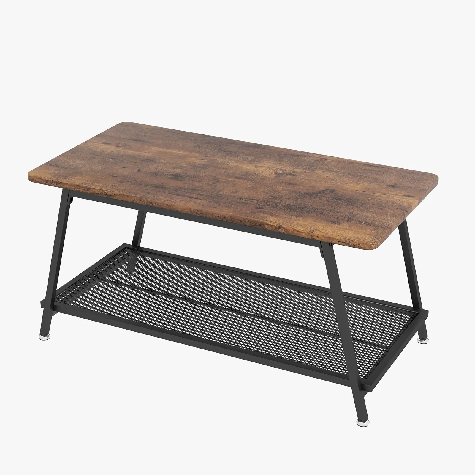Industrial 2-Tier Rectangular Living Room Table, Rustic Brown Industrial Wooden Table Top, Mesh Shelf, Sturdy Metal Frame, Easy Assembly for Small Living Rooms, Living Room Tables