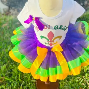 Mardi Gras Mambo Tutu Set with Skirt and Top, White T-Shirt, Purple and Green Tulle Skirt, "DI GRAS" Print, Flamenco Style