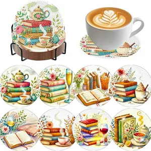 8-Piece Diamond Painting Coaster Set with Book Pattern and Stand, DIY Art Kit for Beginners, Perfect Gift for Home Decor Lovers, Diamond Painting Kits