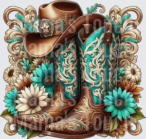 Turquoise Cowboy Boots and Hat with Sunflowers Western Design