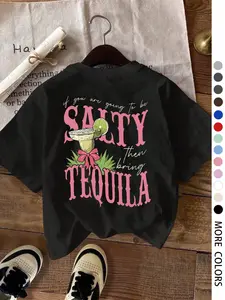 Women's "SALTY TEQUILA" Letter Print Round Neck Tee, Casual Short Sleeve T-shirt for Daily Wear, Ladies Sleepwear for All Seasons, Top