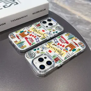 Elegant Case with Travel-Themed Art for iPhone 17 PRO MAX and iPhone 16 15 14 13 12 11 PRO MAX PLUS and iPhone 16E 17 AIR Series Mobile Phone Case, with a Soft Transparent Back and a Silver Metallic Lens Frame