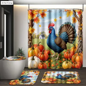 1/3/4PCS THANKSGIVING TURKEY PUMPKINS AND AUTUMN LEAVES Shower Curtain Set with Rugs, Non Slip Bath Mat, U-Shape Carpet, Toilet Lid Cover, Bathtub Curtain Accessories, 12 Hooks, Home Bathroom Festival Decor