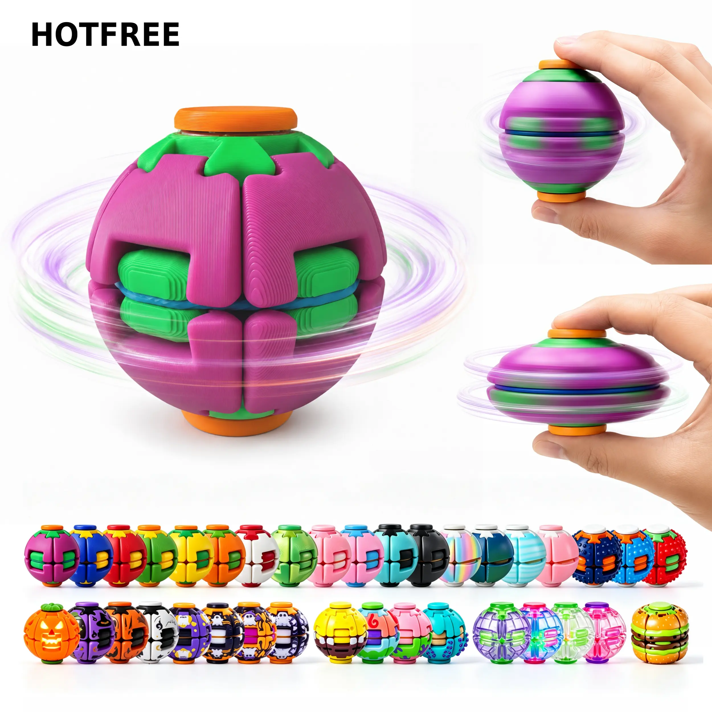 Hotfree Press-to-Spin Transforming Fidget Ball, 3D Printed Fidget Ball Toy, Smooth Spinning Sensory Gyro Toy, Stress Relief Desk Gadget, Anxiety Relief Fidget Spinner, ADHD Focus Aid, Portable Handheld Fidget Gyro Toy for Kids, Teens and Adults