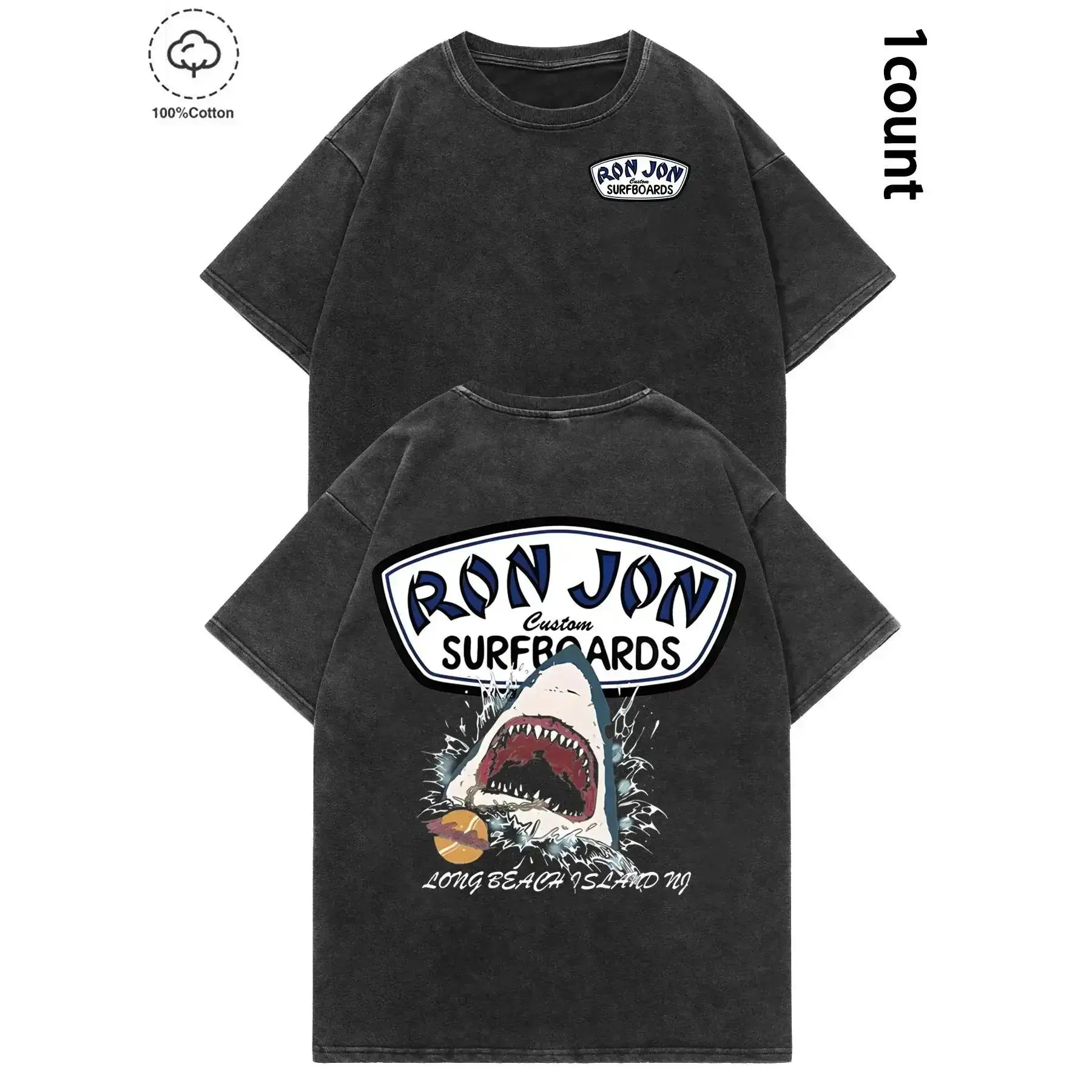 Ron Jon Surfboards Shark Graphic Vintage Washed Tee 100% Premium Heavy Cotton Oversized Relaxed Fit Shirt Y2K Casual Streetwear Retro Beach Surf Aesthetic Top Summer Vacation Gift For Men Women Trending TikTok Viral Ocean Surf Apparel Drops Today Unisex