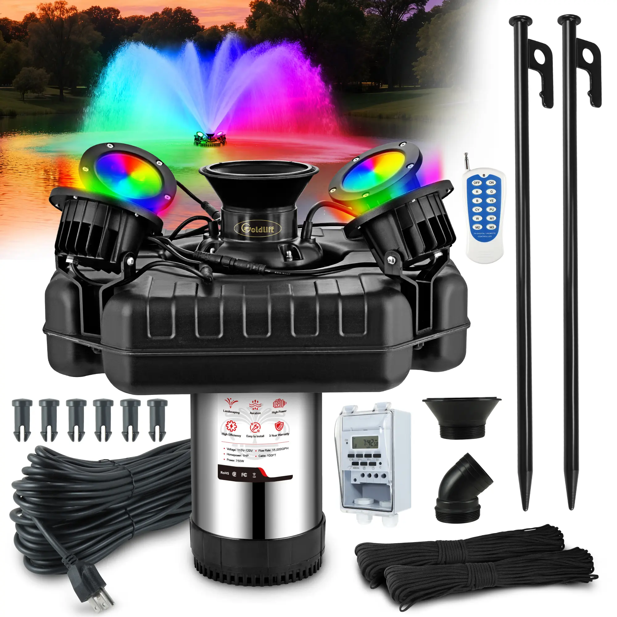 Goldlife Pond Fountain Aerator F3, With 4xRGB Lights, 110V 1HP 750W 15000GPH, 100FT Power Cord, Powerful Aerating Fountain Pump for Outdoor Small Large Pond Lake Garden Jet Fountain System