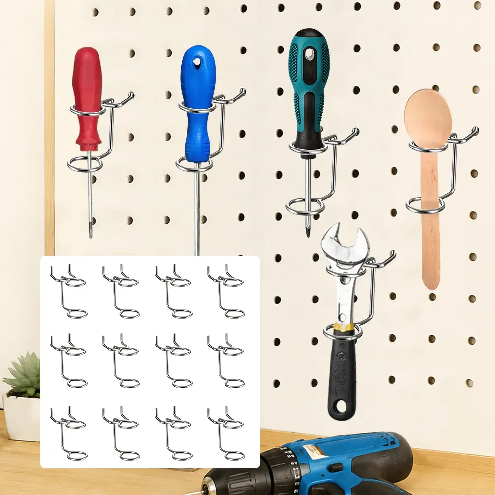 12 piece Holders Multi-Tool Ring Style Pegboard Hooks Metal J Shape Pegboard Hangers Storage System Hand Tools for Kitchen, Garage