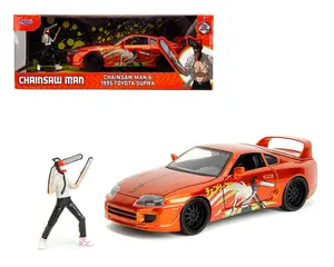 Jada Toys 1:24 with Metal Action Figures Chainsaw Man and 1995 Toyota Supra Diecast Model Car Orange