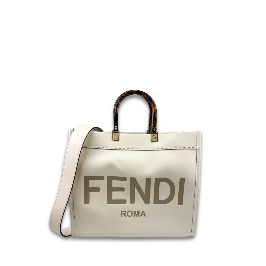 Pre-owned FENDI Leather Tote Bags Cream Medium Sunshine Shopper Tote