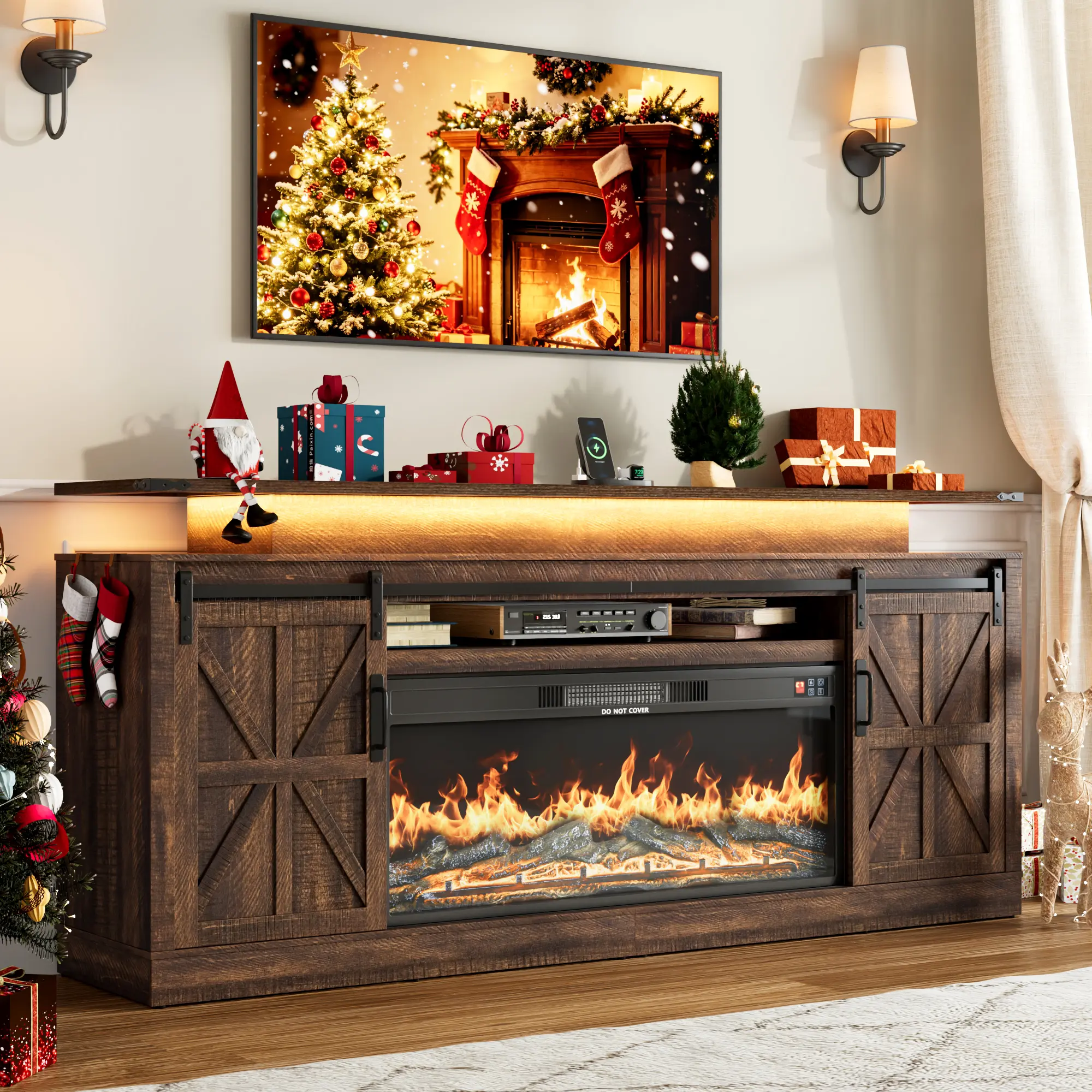 71/81" Farmhouse Fireplace Tv Stand Up To 90" Tvs | 33.5" Extra Tall -Electric Fireplace, Charging Station, Led Lights- Sliding Barn Doors-Adjustable Shelves, Cable Management