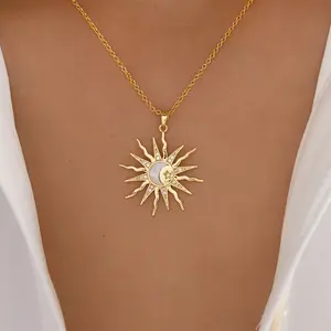 AW Golden-Tone Bohemian Sun & Crescent Moon Pendant Necklace