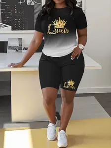 Women's Summer Casual Two-Piece Set, Gradient Crown Letter Print, Short Sleeve Round Neck Top and Shorts, Slim-Fit, Regular Length, Graphic Style Womenswear