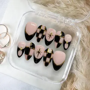 Black Gold Grid Press On Nails Luxury Statement Set