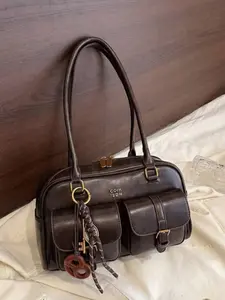 Women's Fashionable Solid Color Shoulder Bag Large Capacity Multi-pocket Crossbody Bag with Bag Charm, Casual Versatile Commuting Bag for Daily Used, Retro Soft Leather Shoulder Handbag
