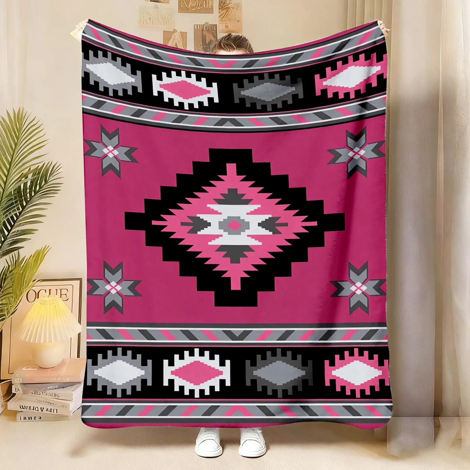 Pink Navajo Flannel Oversized Ethnic Throw Blanket - Tribal Diamond Zig Zag, Southwestern Star Patterns, Soft Cozy Warm Cover, Rustic Charm Gift for Her, Rustic Bedroom Living Room Couch Holiday Decor, Rustic Charm Throws, Ethnic Throws