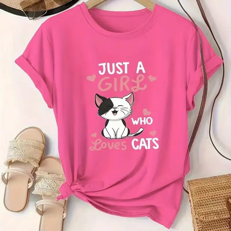 Women's Cotton Printed Cat Lover Quote T-Shirt - "Just A Girl Who Loves Cats" Graphic, Cute Wink Kitten, Pink Heart, Oversized White Casual Clothes, Everyday