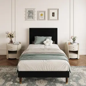 Twin Size Bed Frame with Upholstered Headboard and Strong Wooden Slats Support, Soft Corduroy Fabric Platform Bed, No Boxing Spring Needed, Easy Assembly, Black