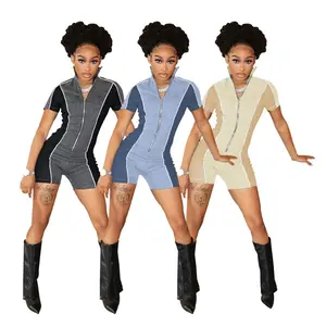 two-piece set woman 2025 Summer Jean Rompers Women Jumpsuits Short Sleeve Denim Patchwork Zipper Stand Collar Romper Casual One Piece Suit Jumpsuit