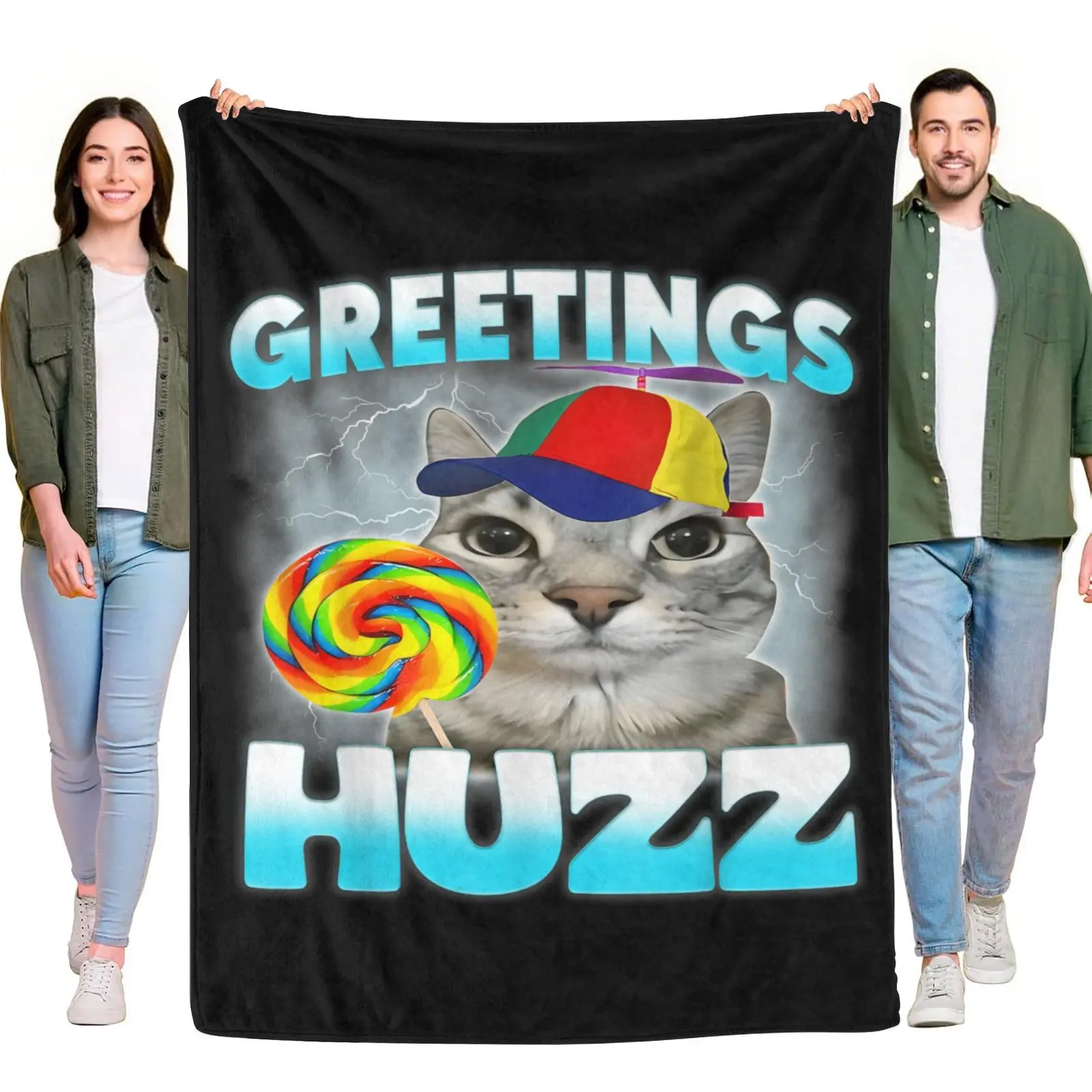 Greetings Huzz Propeller Hat Cat Rainbow Lollipop Lightning Funny Meme Fleece Throw Blanket, Cute Tabby Kitten Novelty Lightweight Blanket for Kids Bed Living Room