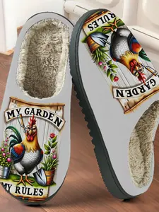 Funny Rooster Garden Print Cotton Slippers, Casual Home Wear, Fuzzy Lined Anti-Slip Thick Rubber Sole, Men and Women Fall Winter Warm Shoes