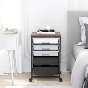 SYKIARIOL Utility Cart with 5 Drawers,Storage Drawer Cart with Wooden Tabletop and Lockable Wheels,Craft Storage Trolley Cart,5-Tier Rolling Utility Cart on Wheels,Dark Grey