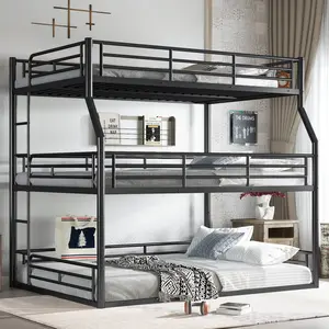 Triple Bunk Bed Full XL over Queen over Queen Bunk Bed, Heavy-Duty Metal Triple Bunk Bed Frame with Safety Guardrails, Noise Free, Black