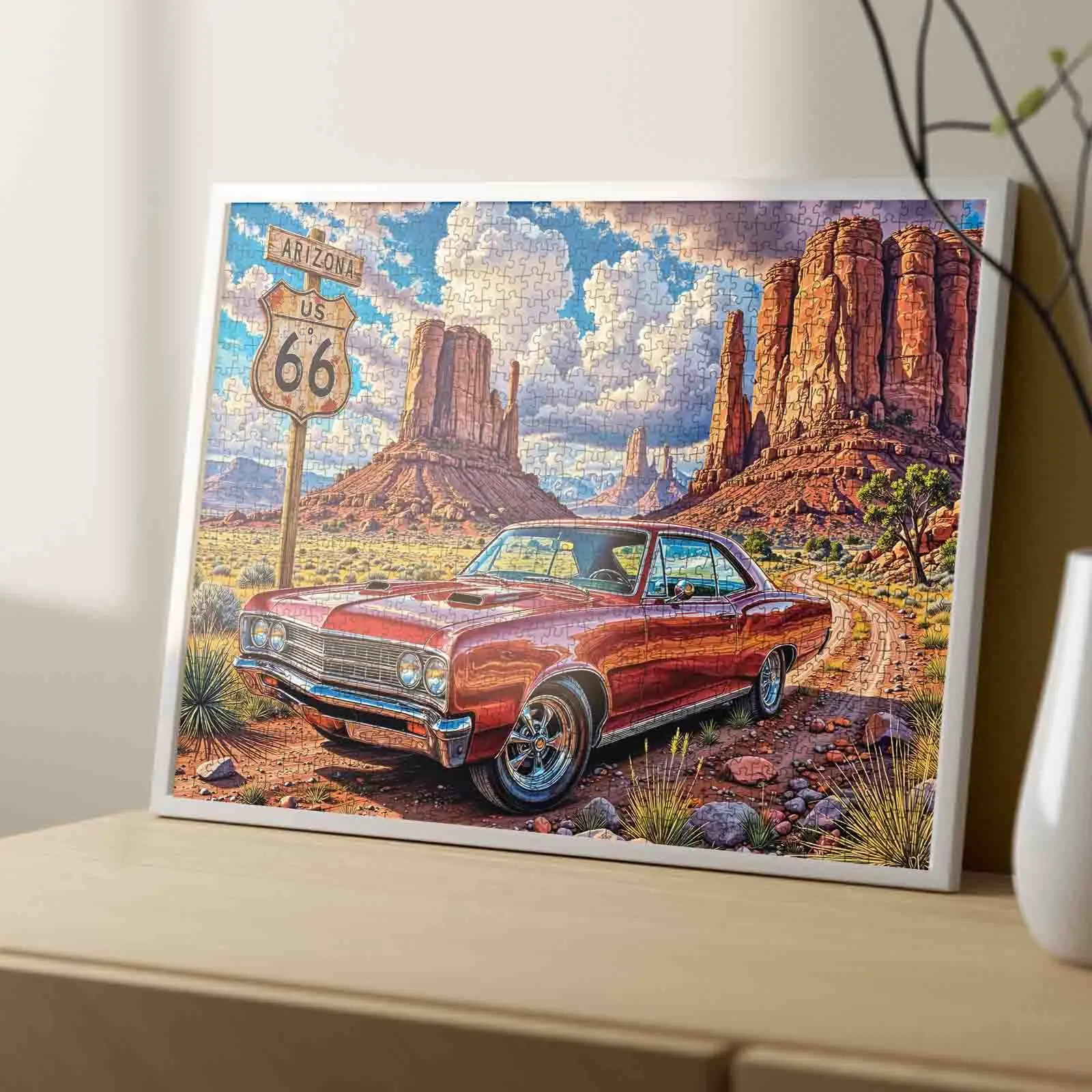 Classic Route 66 Desert Car 1000 Pieces Jigsaw Puzzle Relaxing Family Game for Brain Exercise Stress Relief Vintage Road Trip Art Challenging Adult Puzzle Unique Wall Décor Perfect Gift for Friends and Seniors 27.5x20inch 70x50cm Jigsaw Puzzle