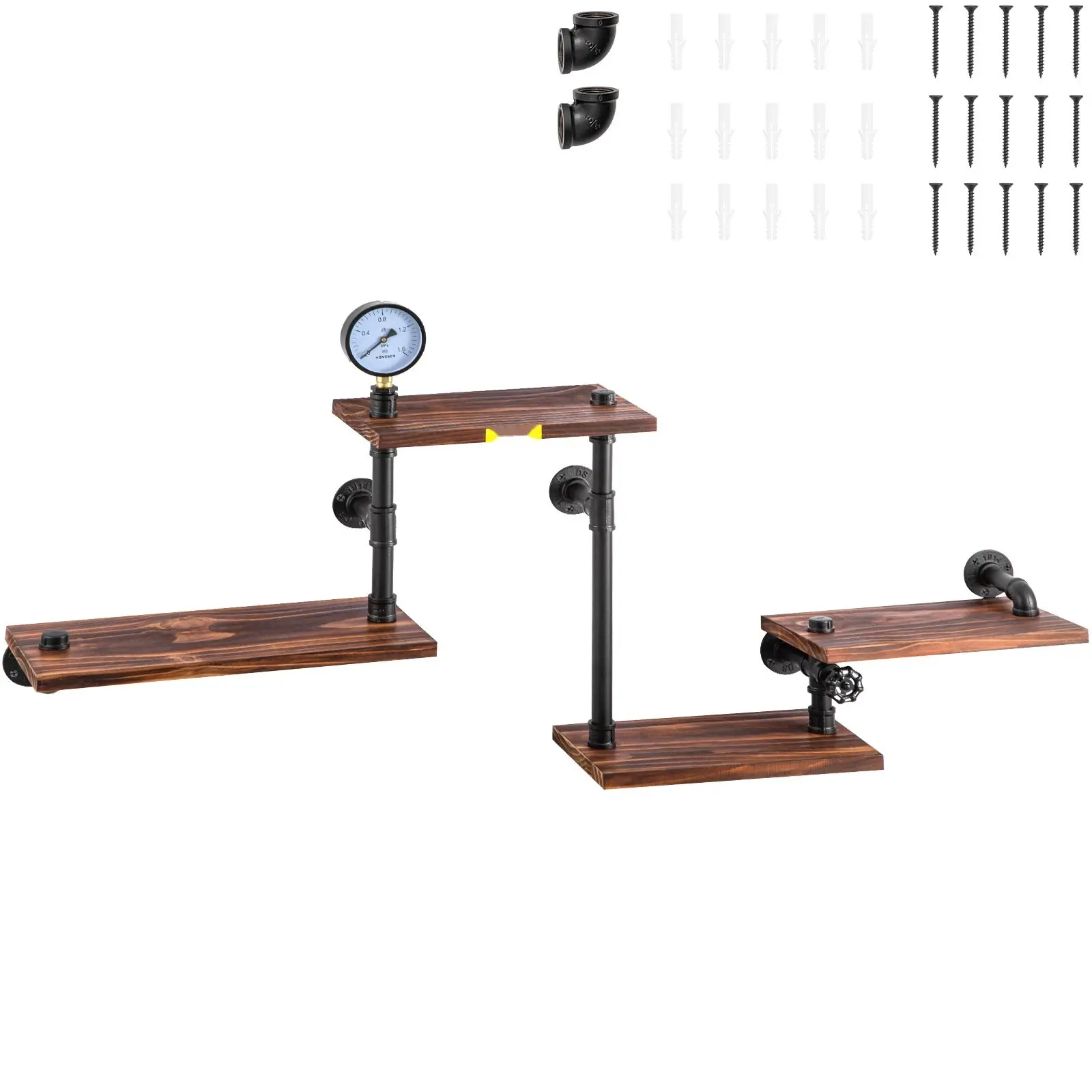 Industrial Pipe Shelving System With 4-Tier Wood Planks, Rustic Floating Wall Mounted Shelves For Living Room, Bar, Kitchen, Bathroom, Farmhouse Decor, DIY Bookshelf, Industrial Look, 51x25x9 Inch