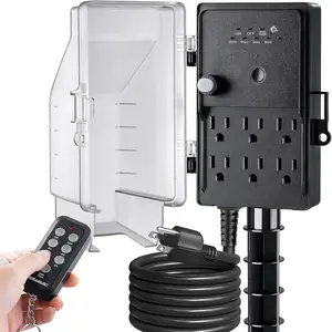 Outdoor Power Stake Timer Waterproof, 100FT Wireless Remote Control, Photocell Dusk to Dawn Timer, 6 Grounded Plug Outlets, 6FT Extension Cord, for Halloween Decoration, Lights, Garden