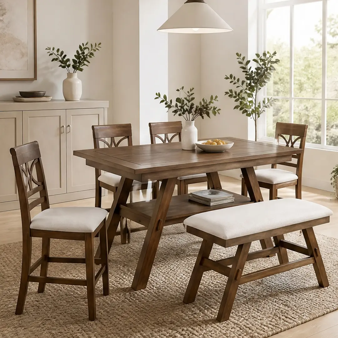 Rustic Counter Height Dining Set - 6-Piece Walnut Finish Farmhouse 60in Rectangular Solid Rubberwood Set with Storage Shelf, 1 Table, Bench, 4 Upholstered Chairs, Seats 6, Assembly Required, for Kitchen & Dining Room
