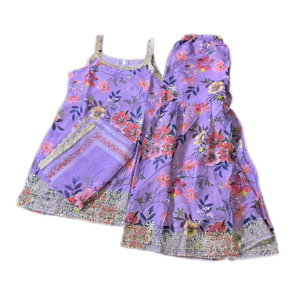 Women's 3-Piece Floral Print Chiffon Kurti Set - Sleeveless, Casual Fashion with Elegant Sequined Neck, Border, Cute & Comfortable Design for Elegance-Focused Wear