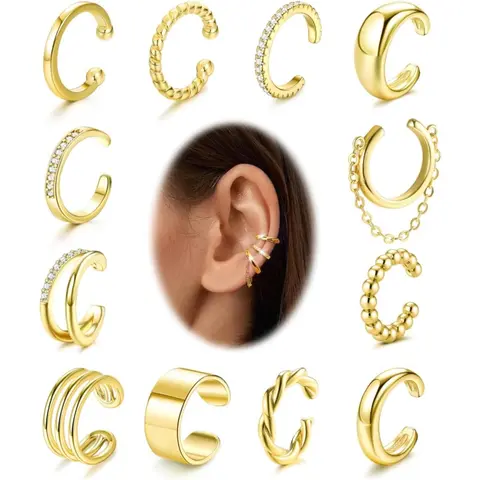 FUNRUN 12Pcs 14K Gold Plated Ear Cuffs for Women | No Piercing Adjustable Cartilage Earrings Set | Hypoallergenic Fake Helix Jewelry | Trendy Gifts for Her