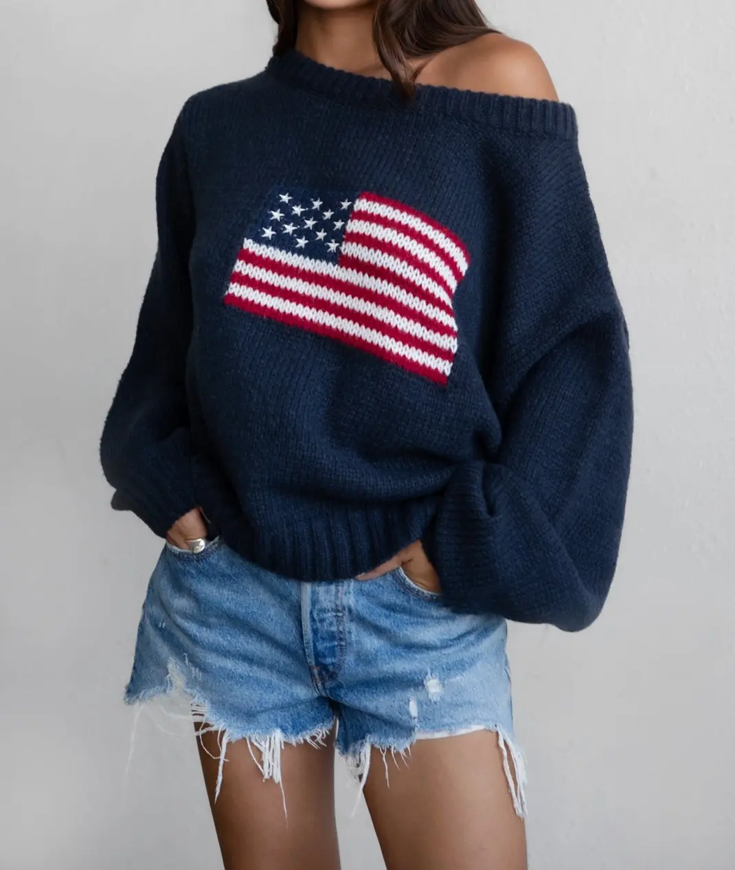 American Flag Knit Off The Shoulder Sweater